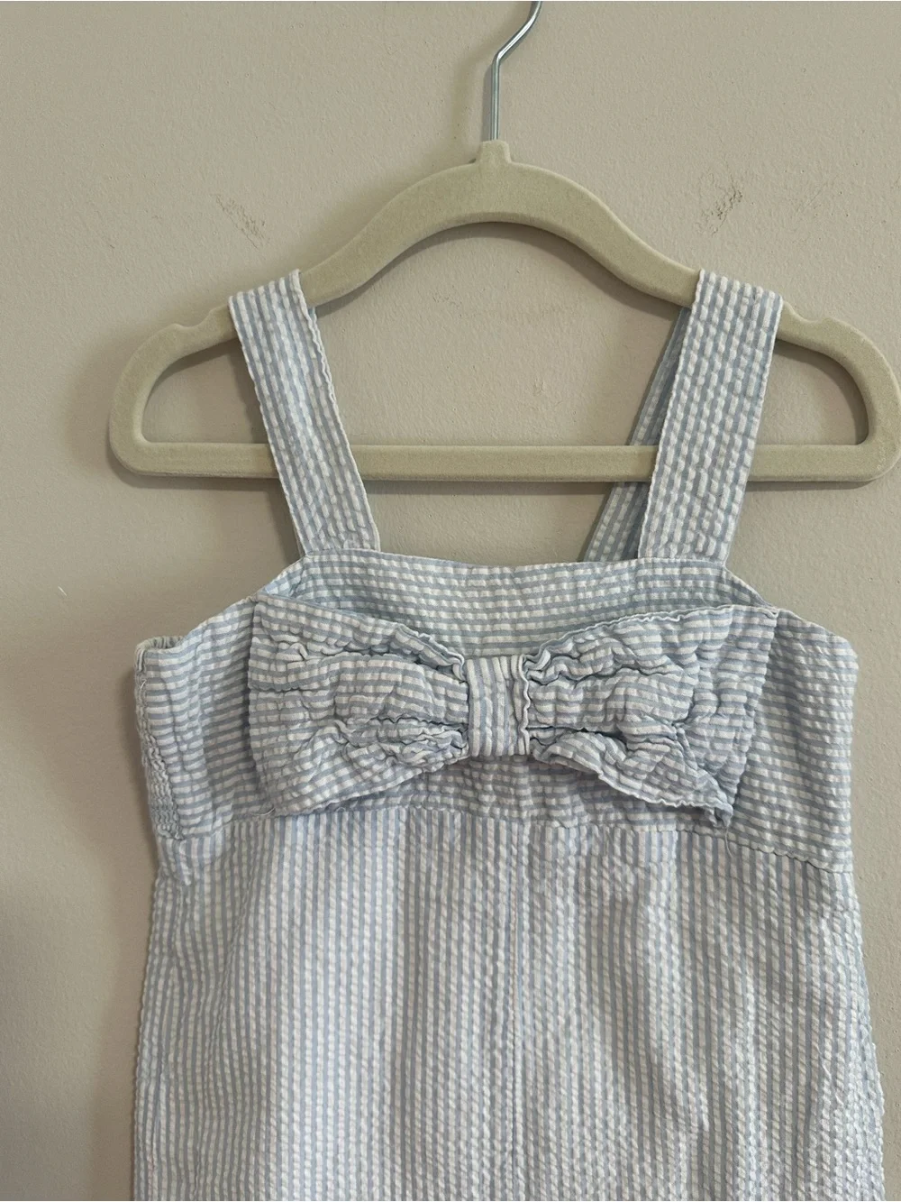 crown & ivy Blue and White Seersucker Girls' Jumpsuit with Front Bow